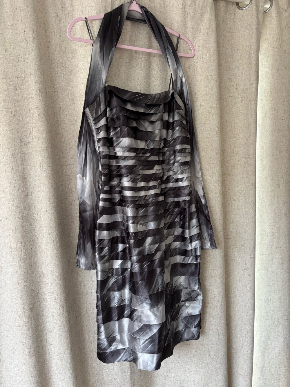 JS Collections Gray and Black Strap Midi Dress with Layered Pleats + Scarf